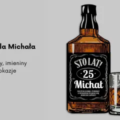 Życzenia dla Michała na imieniny i urodziny. Butelka whisky i kieliszek z lodem. Sto lat, Michale!