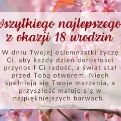 Różowe kwiaty wiśni na tle, z napisem "Wszystkiego najlepszego z okazji 18 urodzin".