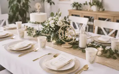 Elegancko nakryty stół na komunię świętą. Biały tort, bukiet kwiatów, świece i złote sztućce tworzą uroczystą atmosferę.