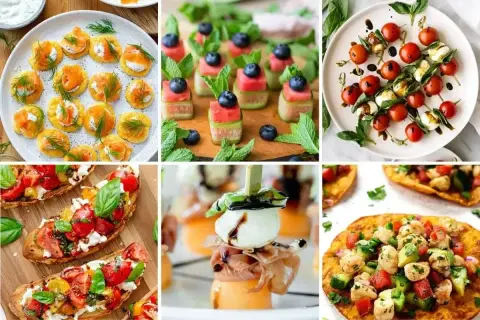 Kolorowe przekąski idealne na grilla: mini tartinki z łososiem, szaszłyki z arbuzem i borówkami, caprese na patyczkach, bruschetty, melon z mozzarellą i prosciutto, quesadillas z kurczakiem.