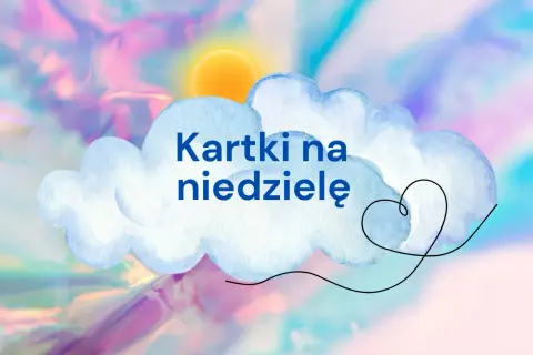 Chmurka z napisem "Kartki na niedzielę" i serduszkiem. Słońce przebija się przez pastelowe, tęczowe niebo.