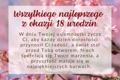 Różowe kwiaty wiśni na tle, z napisem "Wszystkiego najlepszego z okazji 18 urodzin".