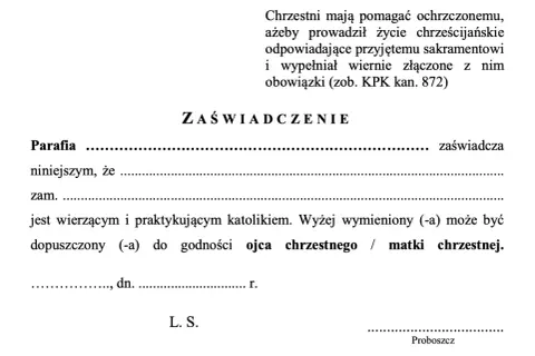 Zaświadczenie do chrztu. Dokument potwierdza, że osoba jest wierzącym katolikiem i może być ojcem chrzestnym lub matką chrzestną.