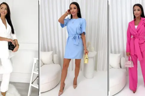 Eleganckie stylizacje na komunię: biały garnitur, błękitna sukienka i różowy komplet. Inspiracje na wyjątkowe okazje.