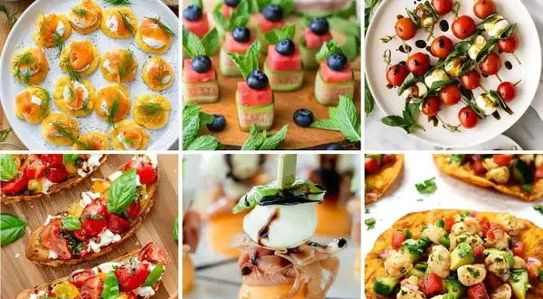 Kolorowe przekąski idealne na grilla: mini tartinki z łososiem, szaszłyki z arbuzem i borówkami, caprese na patyczkach, bruschetty, melon z mozzarellą i prosciutto, quesadillas z kurczakiem.