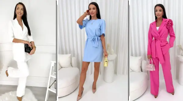 Eleganckie stylizacje na komunię: biały garnitur, błękitna sukienka i różowy komplet. Inspiracje na wyjątkowe okazje.