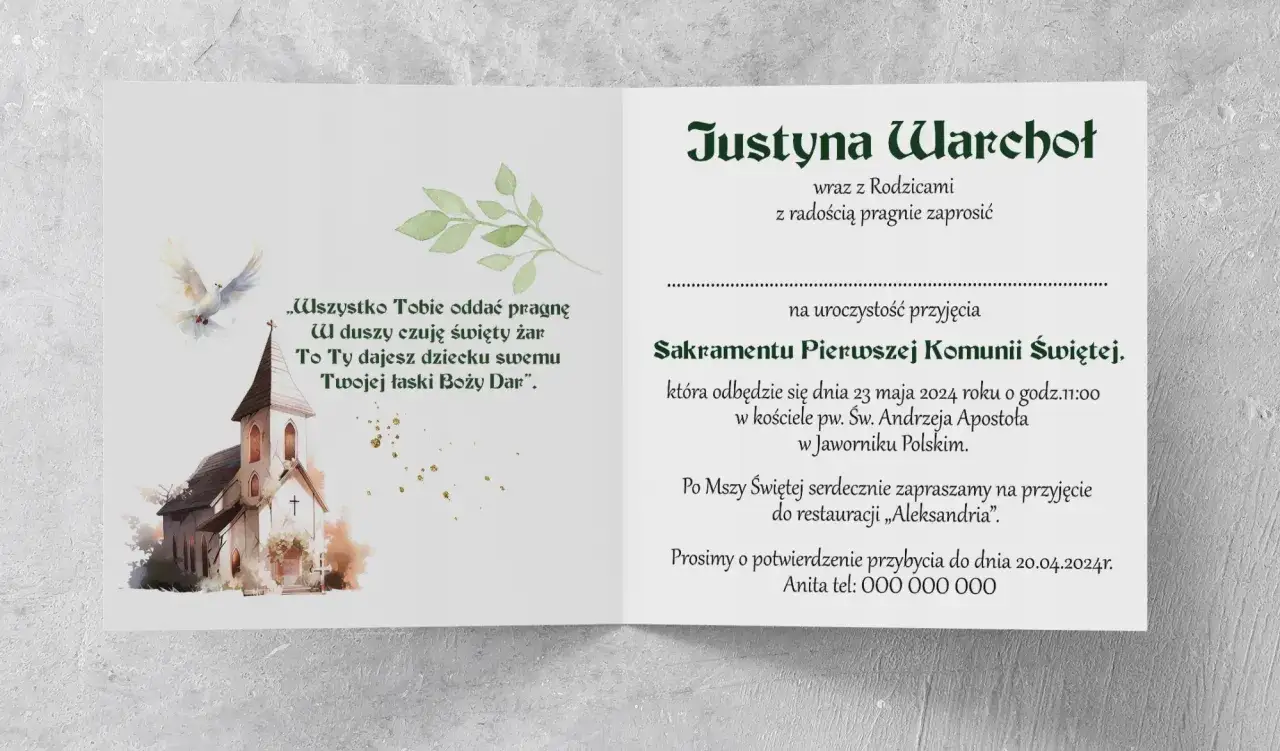 Zaproszenie na Pierwszą Komunię Świętą wzór