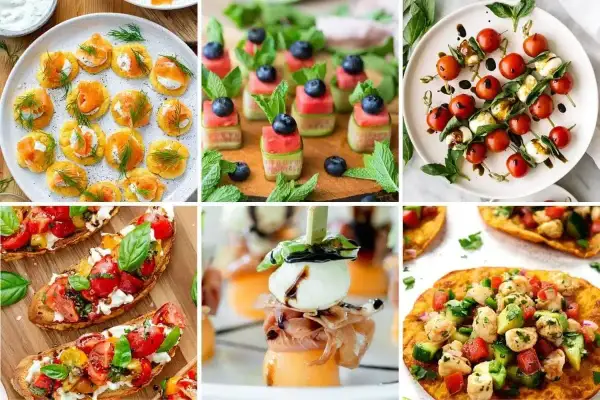 Kolorowe przekąski idealne na grilla: mini tartinki z łososiem, szaszłyki z arbuzem i borówkami, caprese na patyczkach, bruschetty, melon z mozzarellą i prosciutto, quesadillas z kurczakiem.