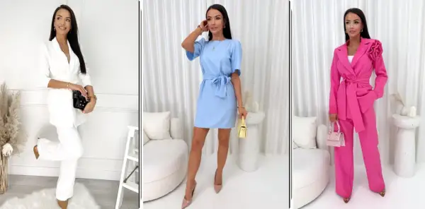Eleganckie stylizacje na komunię: biały garnitur, błękitna sukienka i różowy komplet. Inspiracje na wyjątkowe okazje.